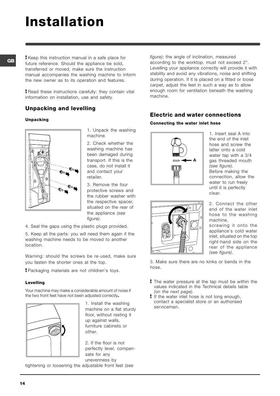 Installation, Unpacking and levelling, Electric and water connections | Indesit WIT 61 User Manual | Page 14 / 72