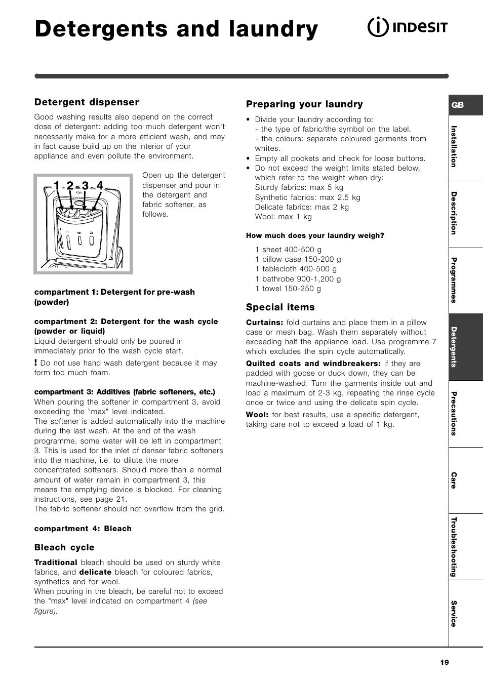 Detergents and laundry, Detergent dispenser, Preparing your laundry | Special items | Indesit WIT 61 User Manual | Page 19 / 72