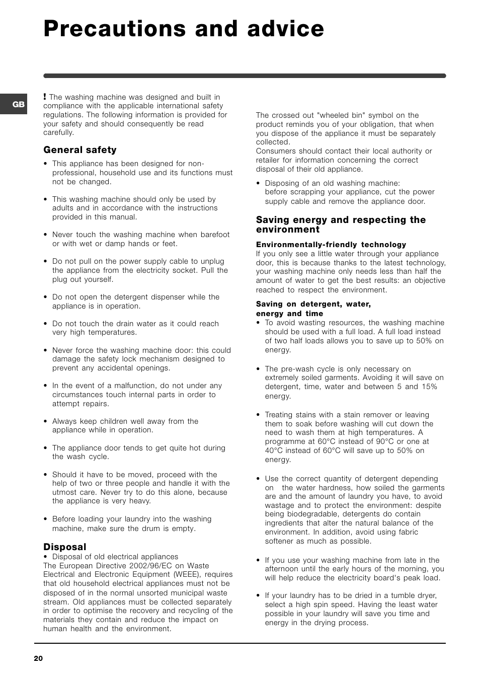 Precautions and advice, General safety, Disposal | Saving energy and respecting the environment | Indesit WIT 61 User Manual | Page 20 / 72