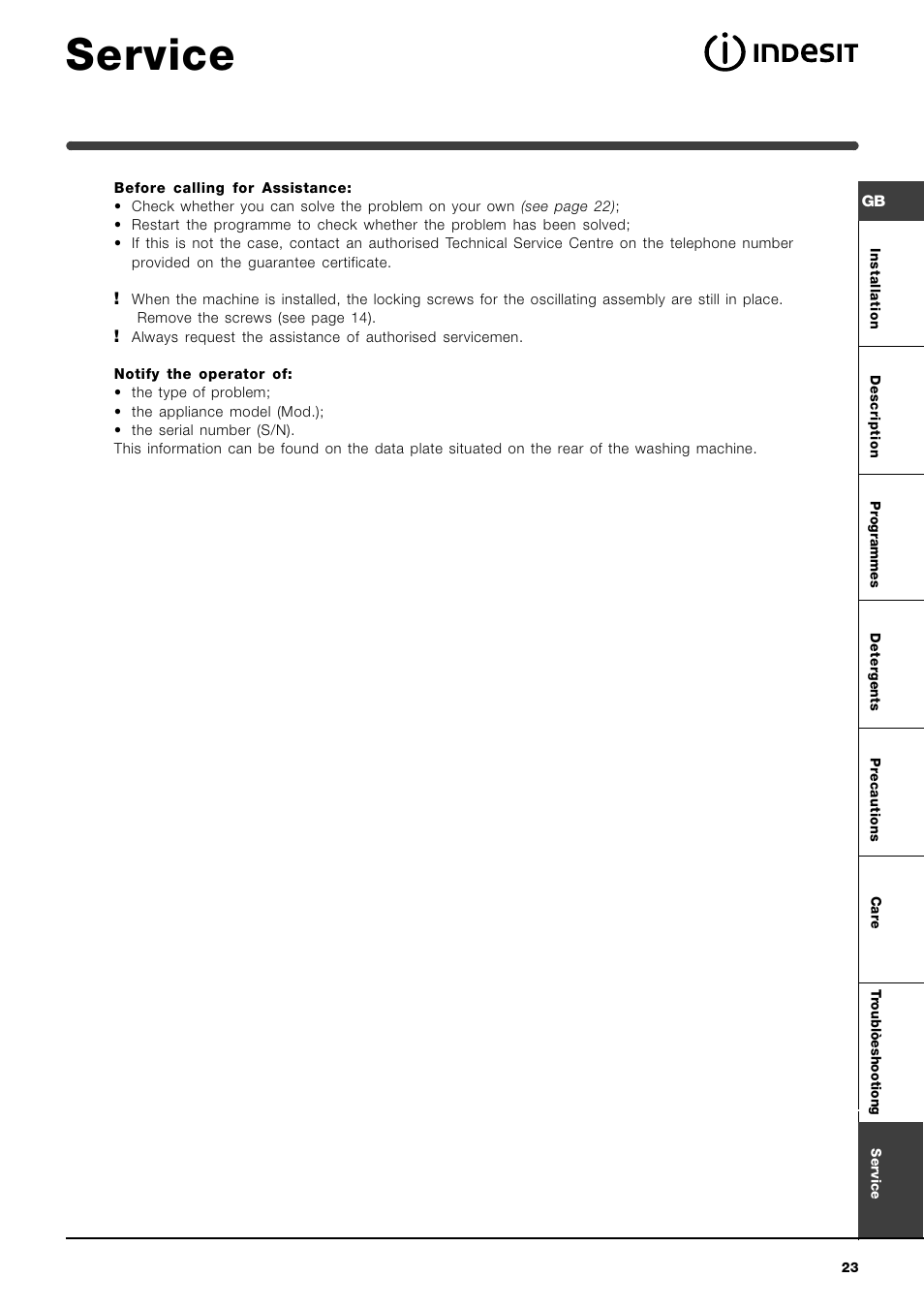 Service | Indesit WIT 61 User Manual | Page 23 / 72