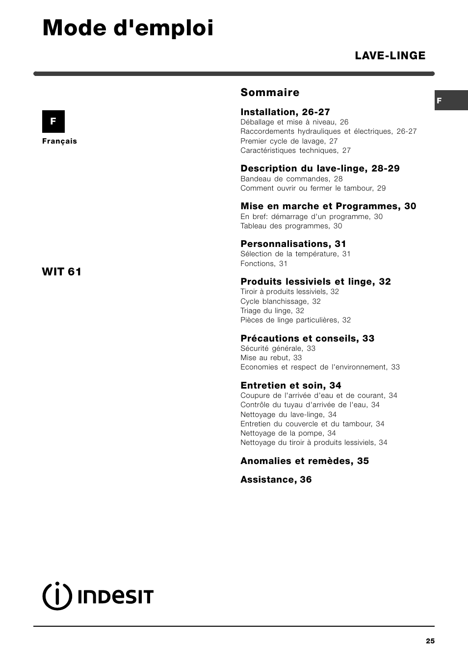 Mode d'emploi, Sommaire, Lave-linge wit 61 | Indesit WIT 61 User Manual | Page 25 / 72