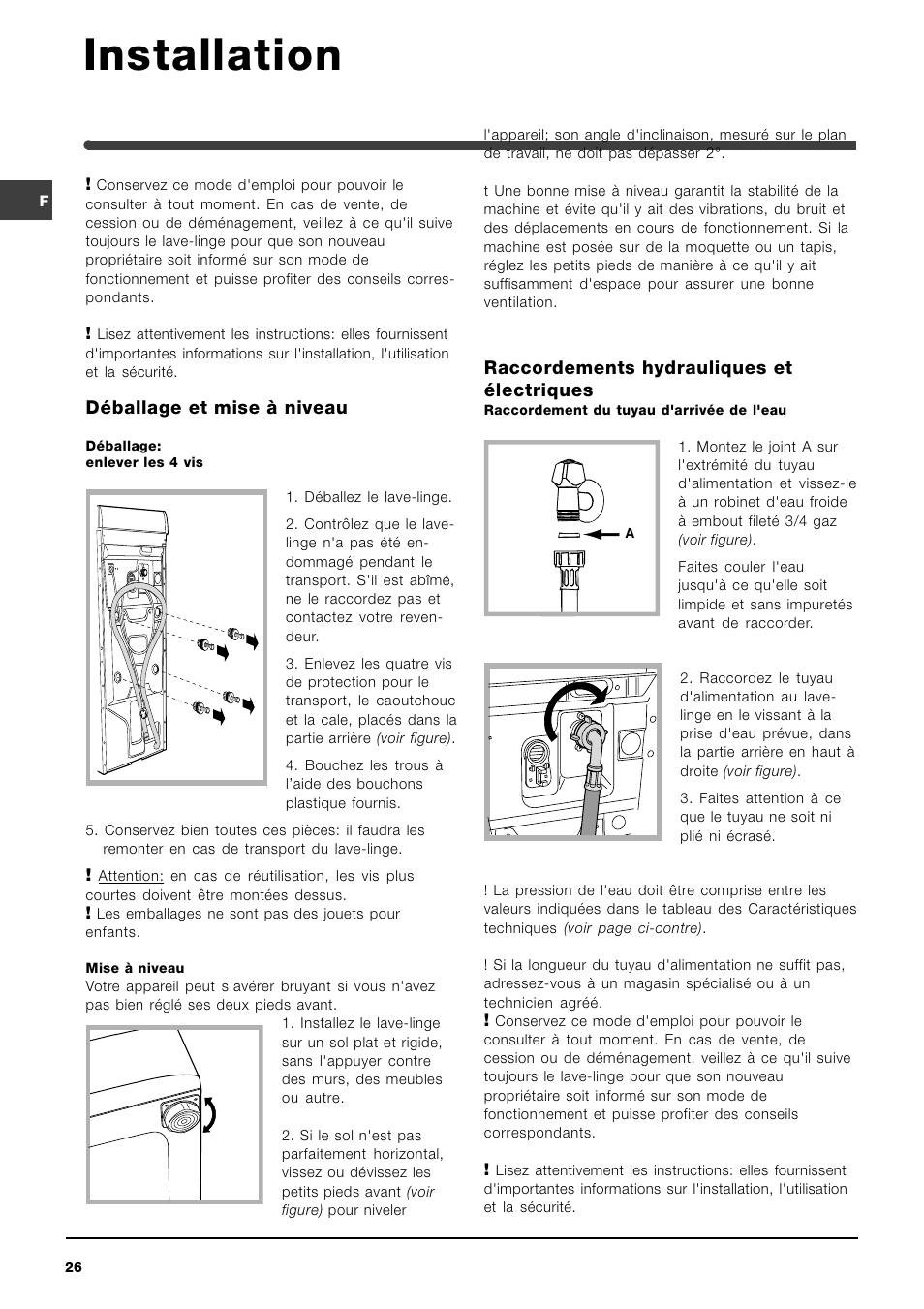 Installation, Déballage et mise à niveau, Raccordements hydrauliques et électriques | Indesit WIT 61 User Manual | Page 26 / 72