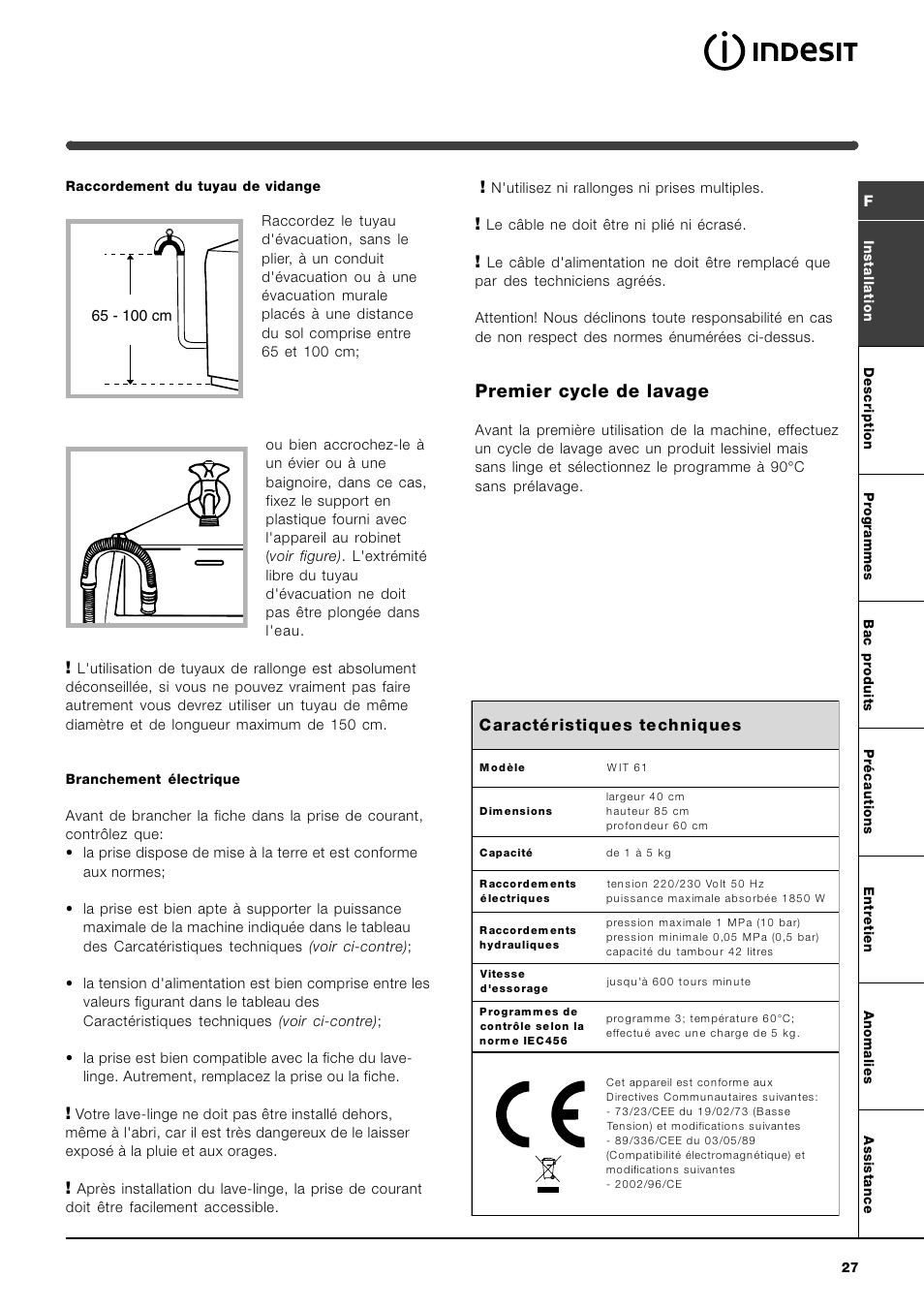 Premier cycle de lavage | Indesit WIT 61 User Manual | Page 27 / 72