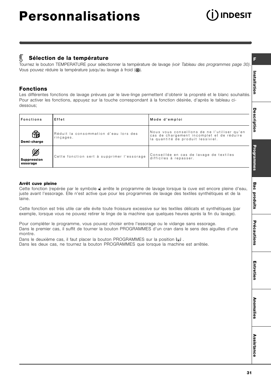 Personnalisations, Sélection de la température, Fonctions | Indesit WIT 61 User Manual | Page 31 / 72