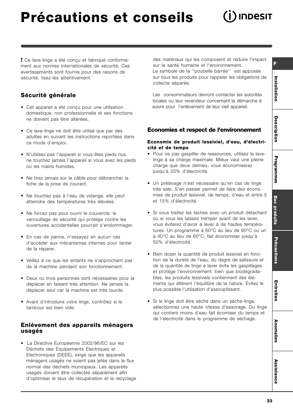 Précautions et conseils, Sécurité générale, Enlèvement des appareils ménagers usagés | Economies et respect de l'environnement | Indesit WIT 61 User Manual | Page 33 / 72