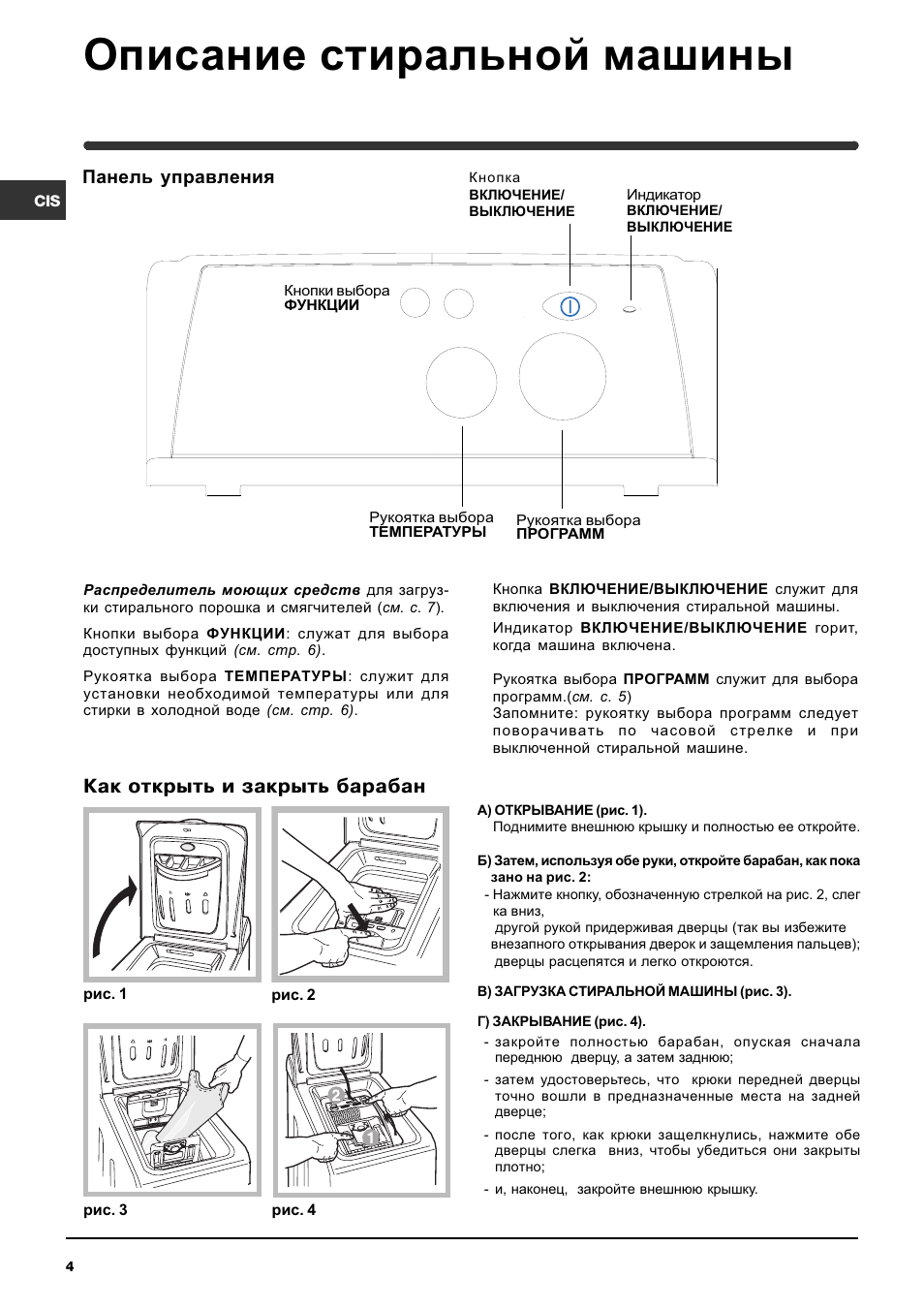 Описание стиральной машины, Панель управления, Как открыть и закрыть барабан | Indesit WIT 61 User Manual | Page 4 / 72