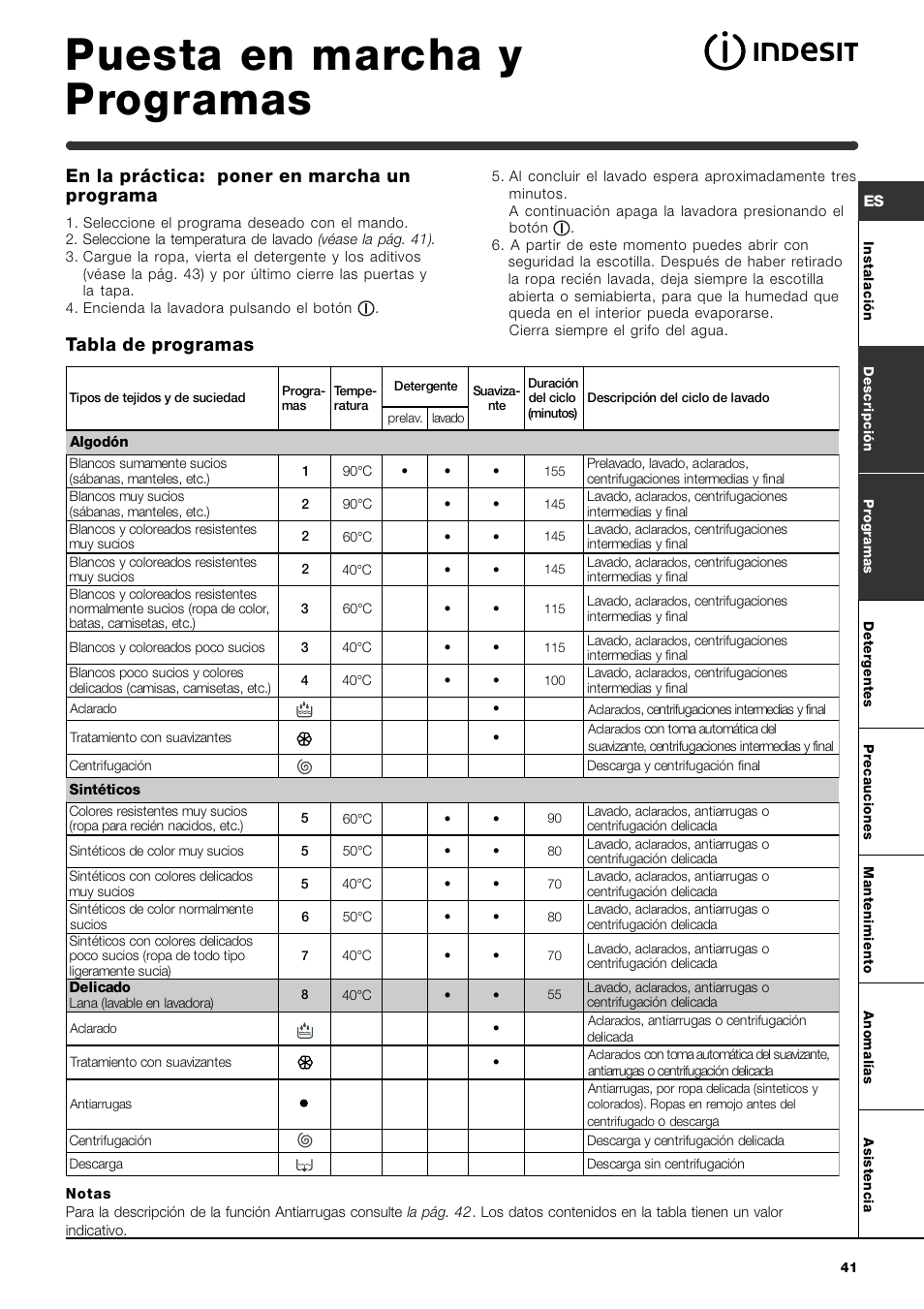 Puesta en marcha y programas, En la práctica: poner en marcha un programa, Tabla de programas | Indesit WIT 61 User Manual | Page 41 / 72