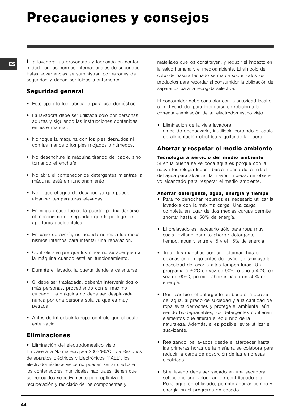 Precauciones y consejos | Indesit WIT 61 User Manual | Page 44 / 72