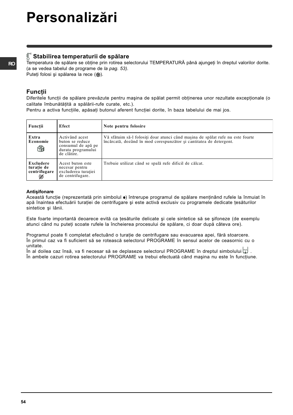 Personalizãri, Stabilirea temperaturii de spãlare, Funcþii | Indesit WIT 61 User Manual | Page 54 / 72