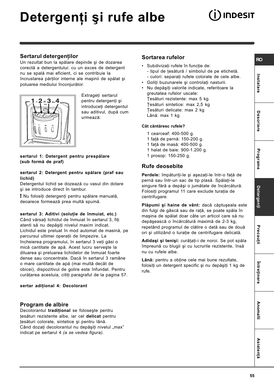 Detergenþi ºi rufe albe, Sertarul detergenþilor, Program de albire | Sortarea rufelor, Rufe deosebite | Indesit WIT 61 User Manual | Page 55 / 72