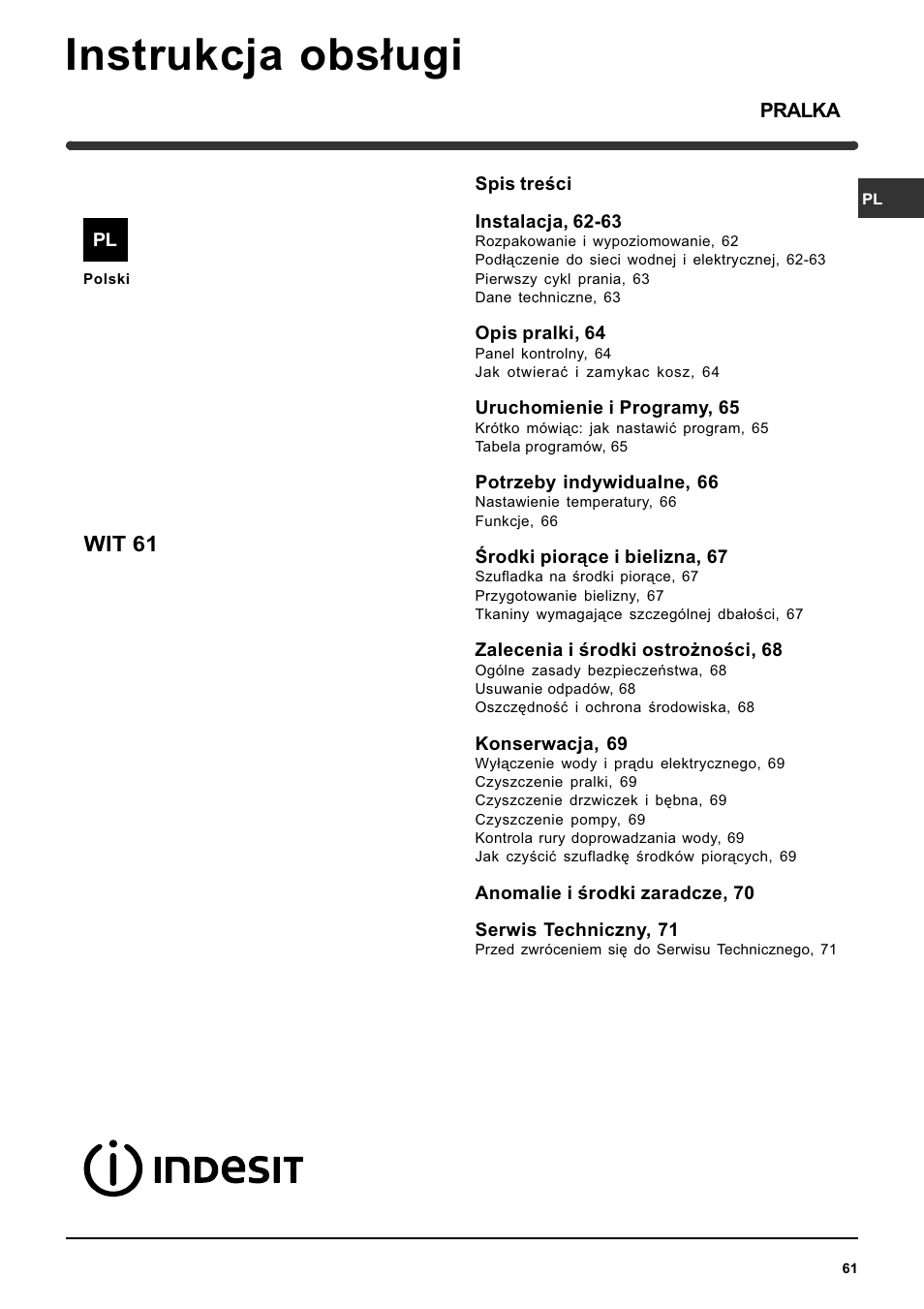 Instrukcja obs³ugi, Wit 61 | Indesit WIT 61 User Manual | Page 61 / 72