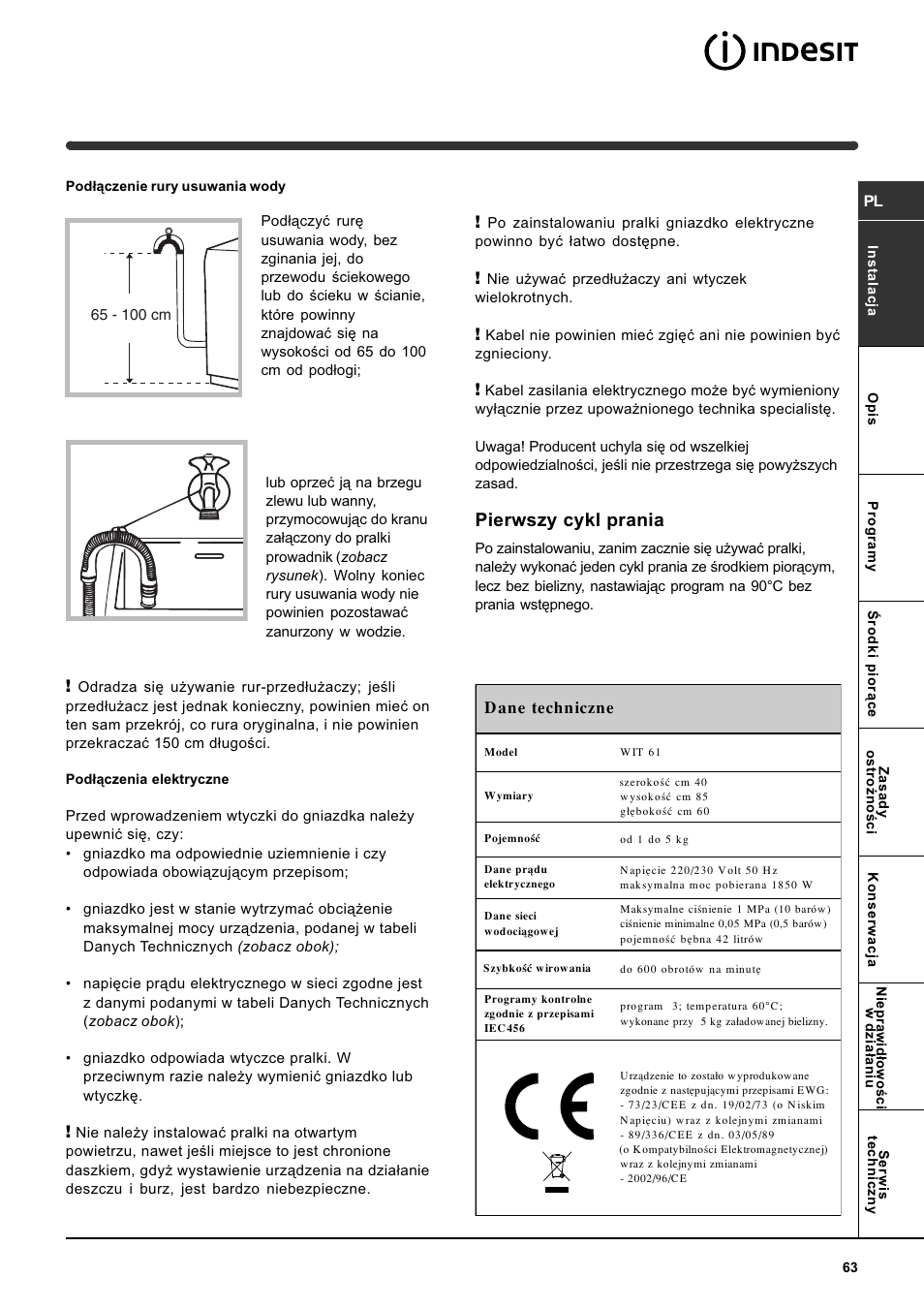 Pierwszy cykl prania | Indesit WIT 61 User Manual | Page 63 / 72