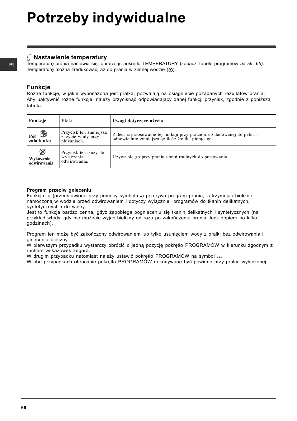 Potrzeby indywidualne, Nastawienie temperatury, Funkcje | Indesit WIT 61 User Manual | Page 66 / 72