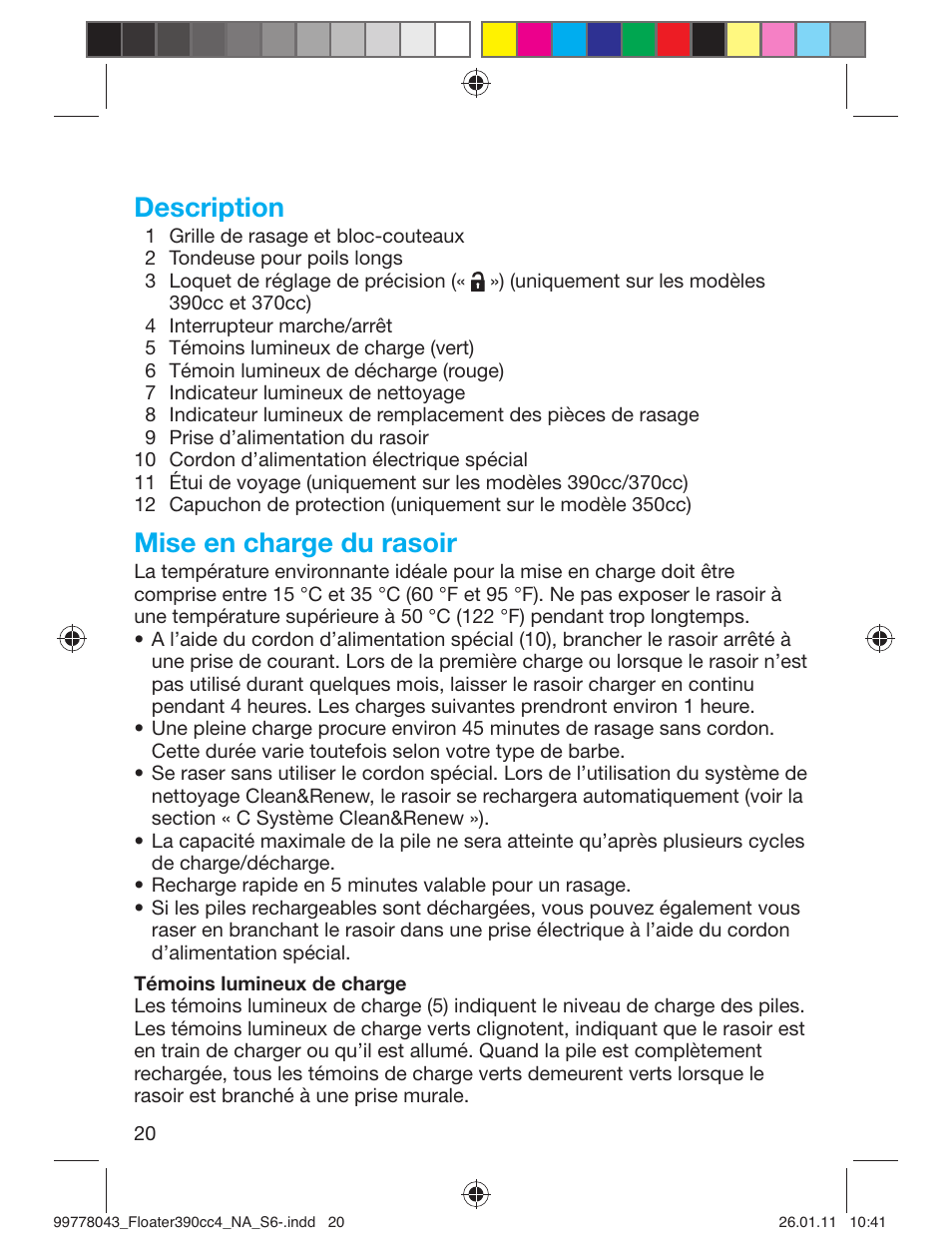 Description, Mise en charge du rasoir | Braun 390cc-4 Series 3 User Manual | Page 20 / 39