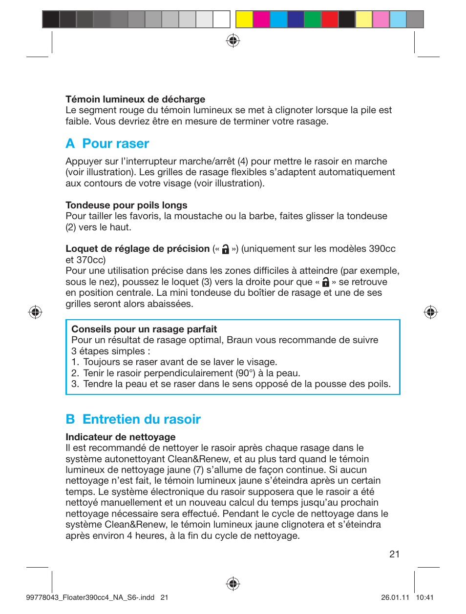 A pour raser, B entretien du rasoir | Braun 390cc-4 Series 3 User Manual | Page 21 / 39