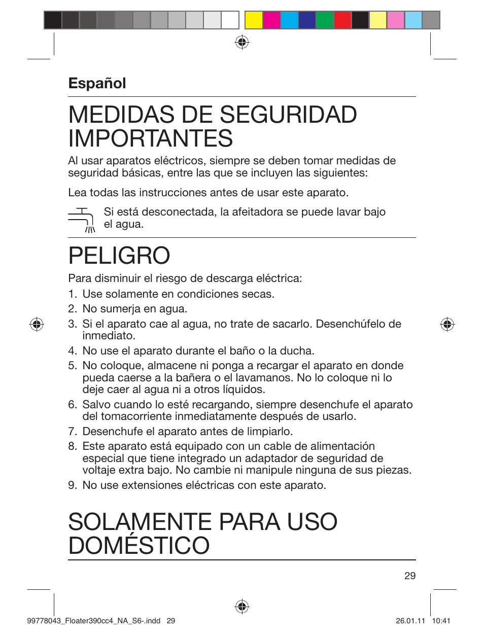 Medidas de seguridad importantes, Peligro, Solamente para uso doméstico | Español | Braun 390cc-4 Series 3 User Manual | Page 29 / 39