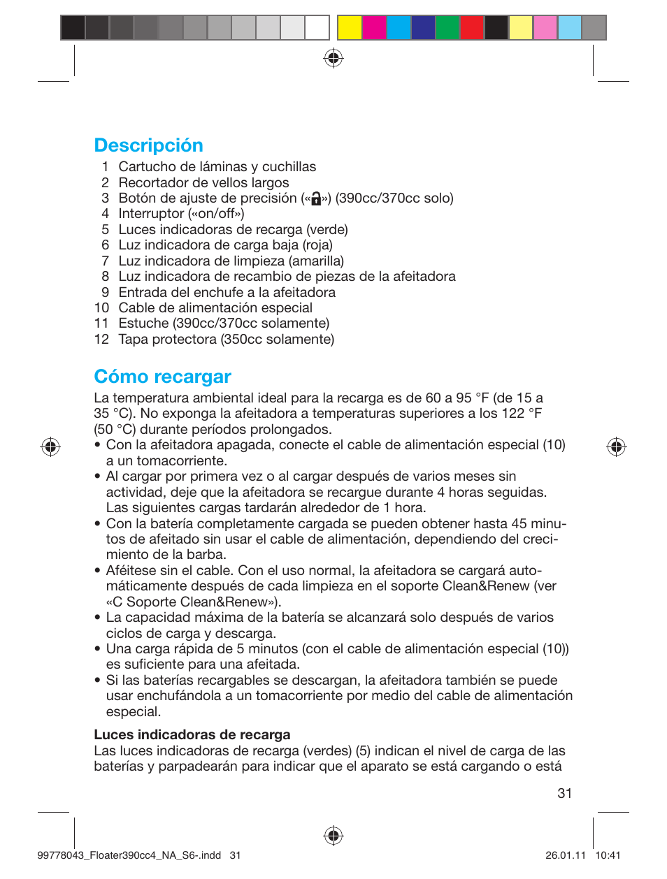 Descripción, Cómo recargar | Braun 390cc-4 Series 3 User Manual | Page 31 / 39