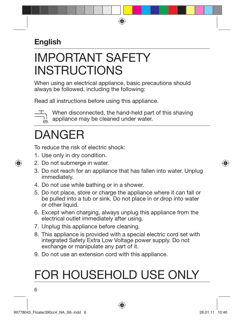 Important safety instructions, Danger, For household use only | English | Braun 390cc-4 Series 3 User Manual | Page 6 / 39