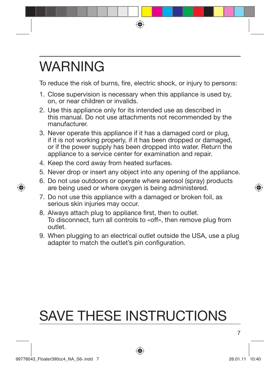 Warning, Save these instructions | Braun 390cc-4 Series 3 User Manual | Page 7 / 39