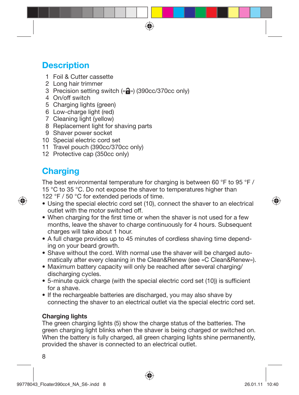 Description, Charging | Braun 390cc-4 Series 3 User Manual | Page 8 / 39