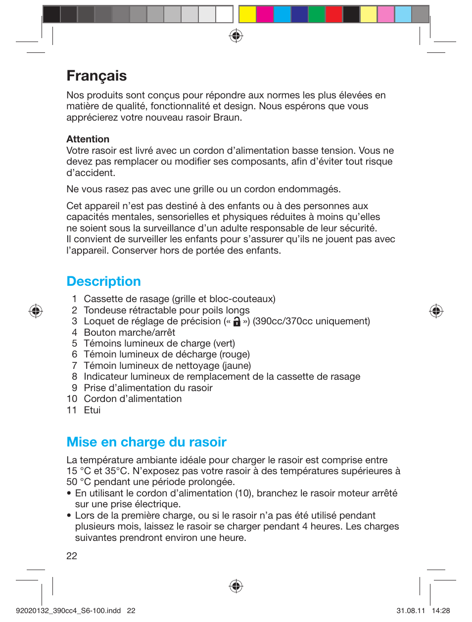 Français, Description, Mise en charge du rasoir | Braun 370cc-4 Series 3 User Manual | Page 22 / 98