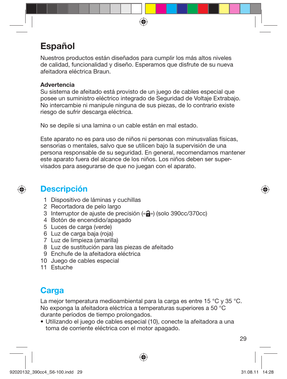 Español, Descripción, Carga | Braun 370cc-4 Series 3 User Manual | Page 29 / 98