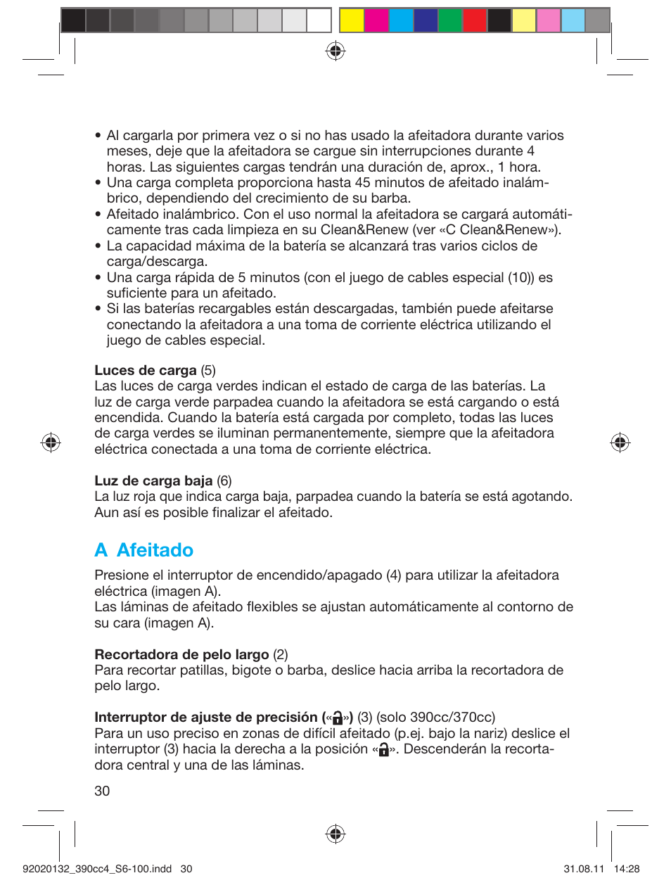 A afeitado | Braun 370cc-4 Series 3 User Manual | Page 30 / 98
