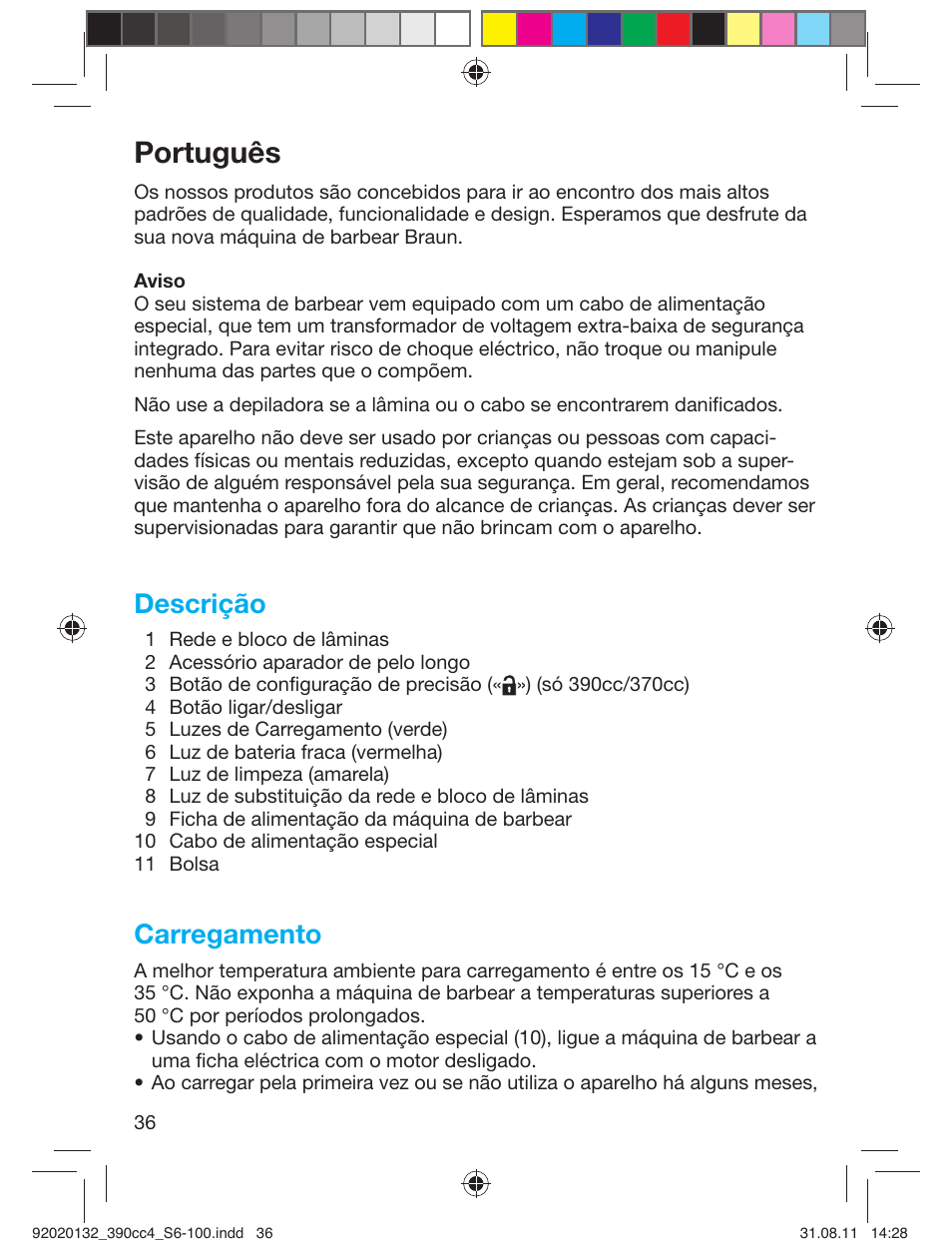 Português, Descrição, Carregamento | Braun 370cc-4 Series 3 User Manual | Page 36 / 98