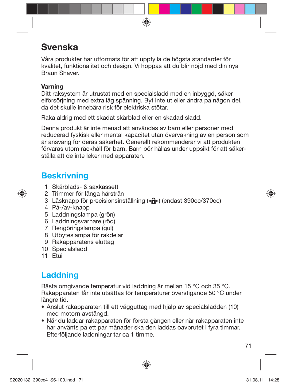 Svenska, Beskrivning, Laddning | Braun 370cc-4 Series 3 User Manual | Page 71 / 98