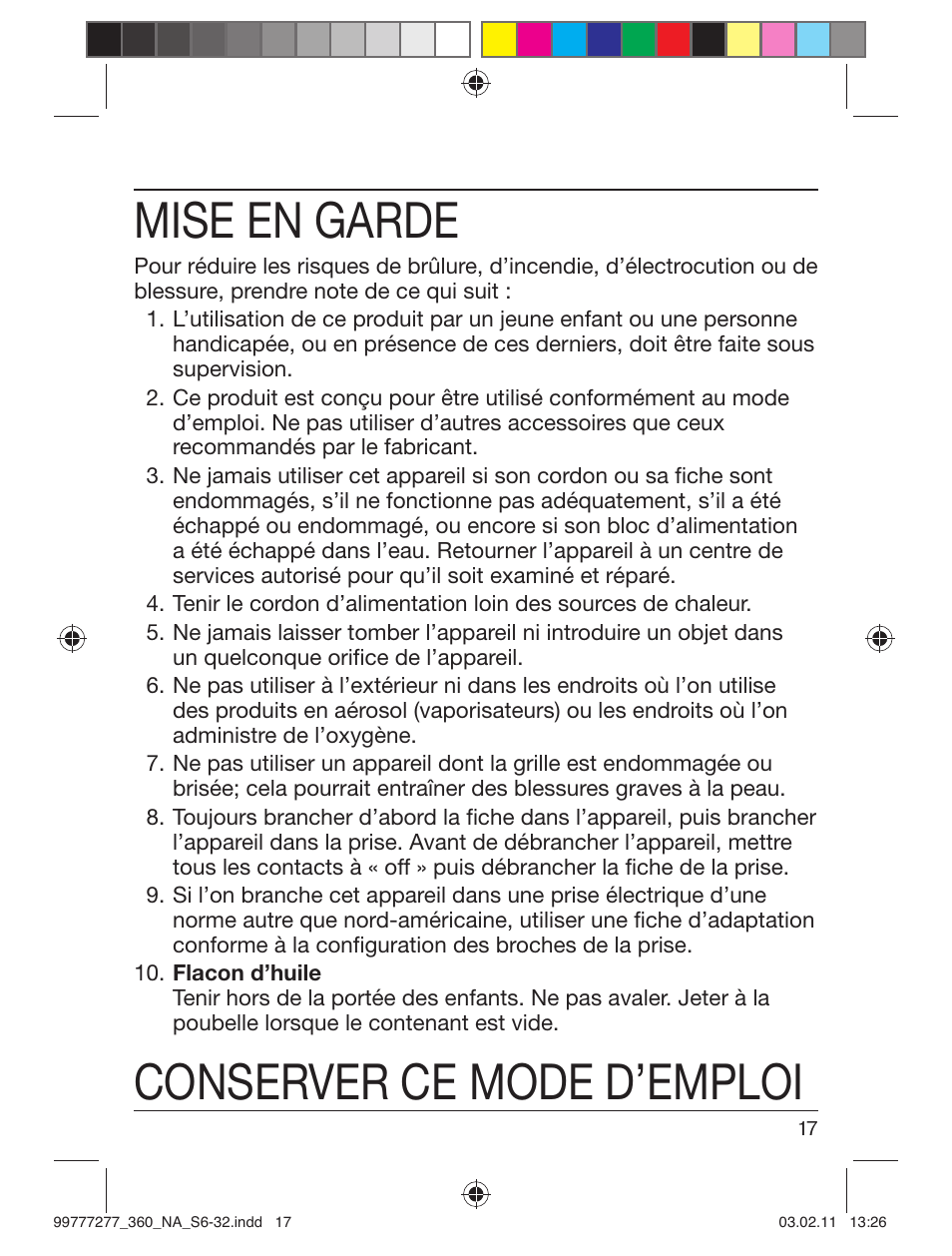 Mise en garde, Conserver ce mode d’emploi | Braun 360s-4 Series 3 User Manual | Page 16 / 31