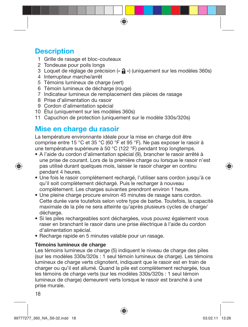 Description, Mise en charge du rasoir | Braun 360s-4 Series 3 User Manual | Page 17 / 31