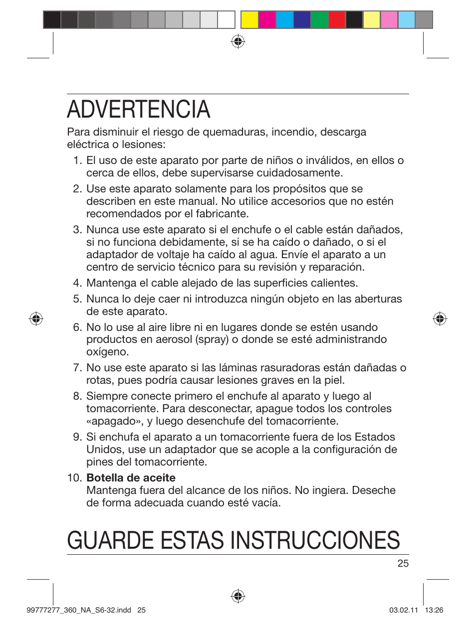 Advertencia, Guarde estas instrucciones | Braun 360s-4 Series 3 User Manual | Page 24 / 31