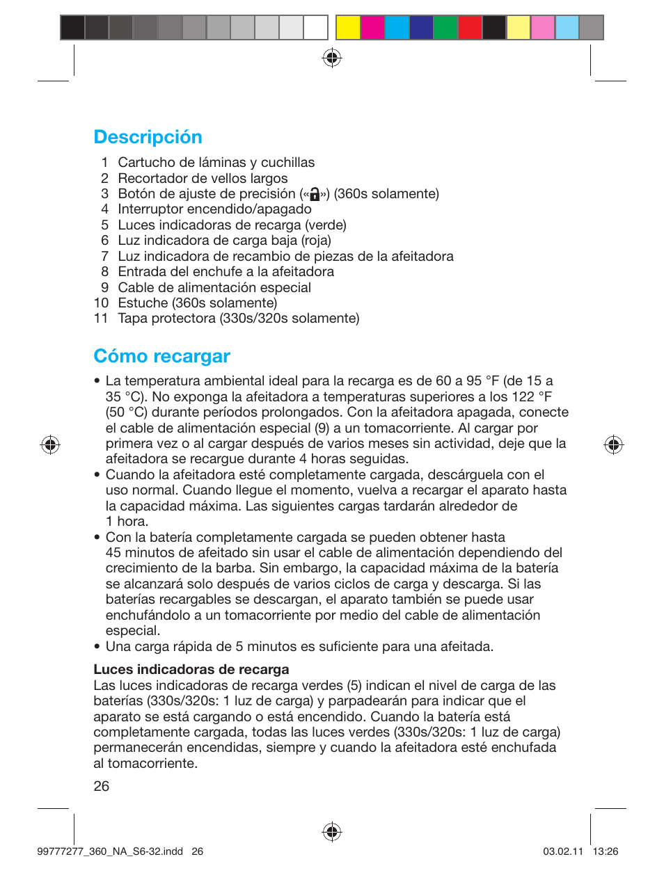 Descripción, Cómo recargar | Braun 360s-4 Series 3 User Manual | Page 25 / 31