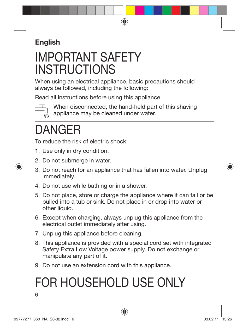 99777277_360_na_s6-32, Important safety instructions, Danger | For household use only | Braun 360s-4 Series 3 User Manual | Page 5 / 31