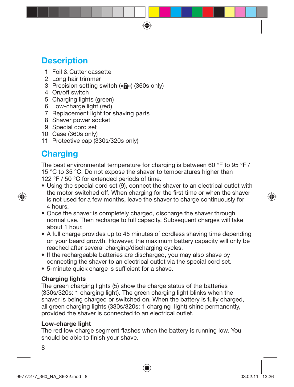 Description, Charging | Braun 360s-4 Series 3 User Manual | Page 7 / 31