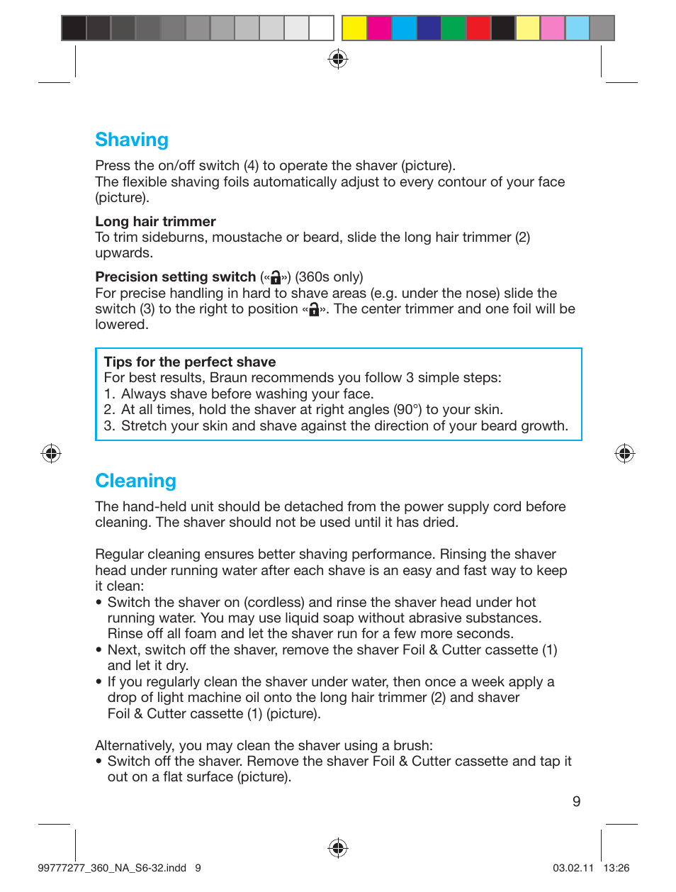 Shaving, Cleaning | Braun 360s-4 Series 3 User Manual | Page 8 / 31