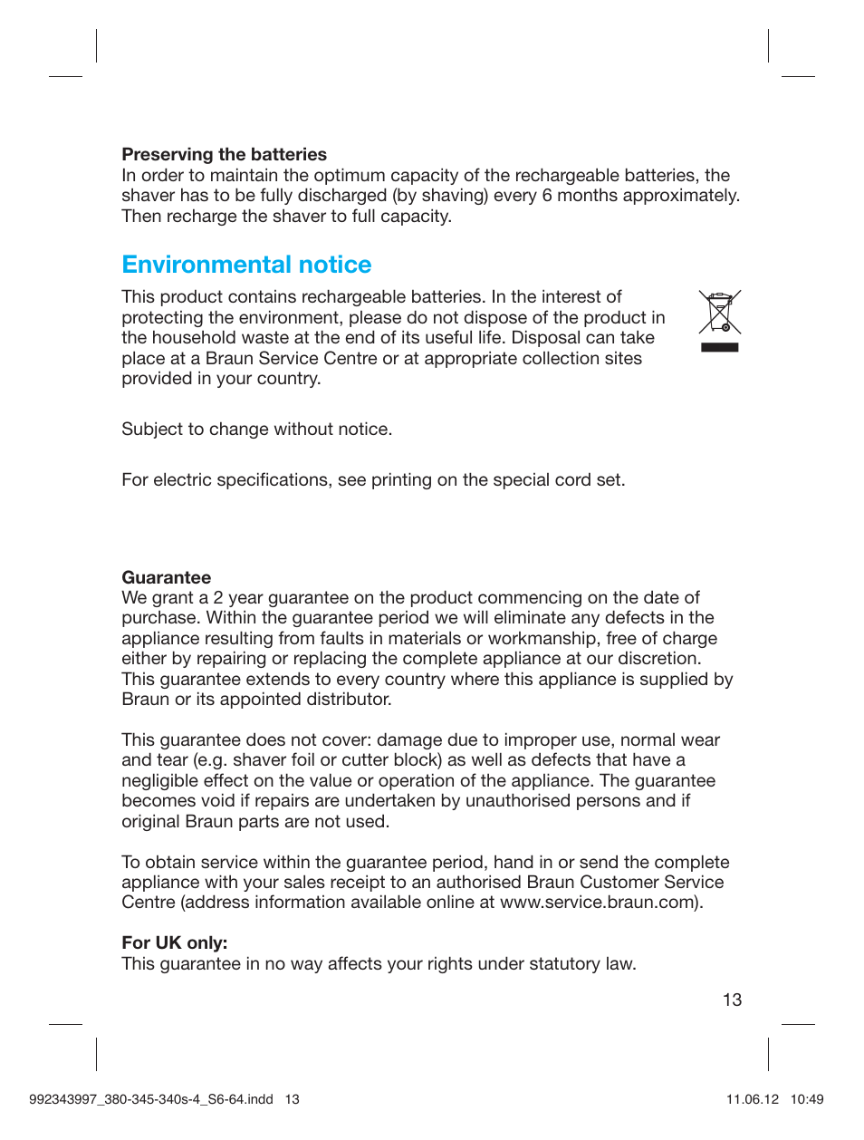 Environmental notice | Braun 345s-4 Series 3 User Manual | Page 12 / 62