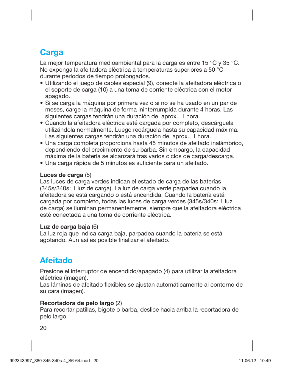 Carga, Afeitado | Braun 345s-4 Series 3 User Manual | Page 19 / 62