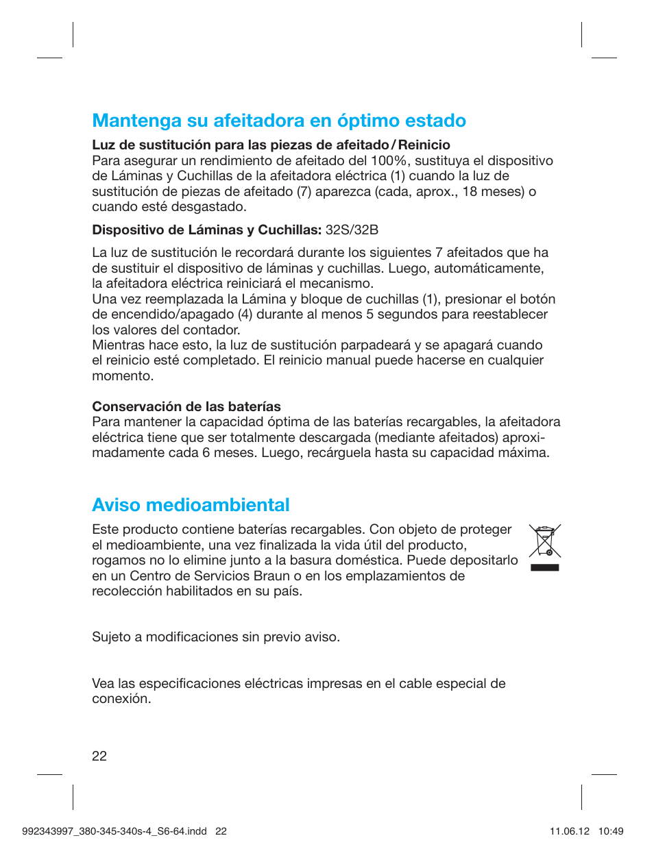 Mantenga su afeitadora en óptimo estado, Aviso medioambiental | Braun 345s-4 Series 3 User Manual | Page 21 / 62