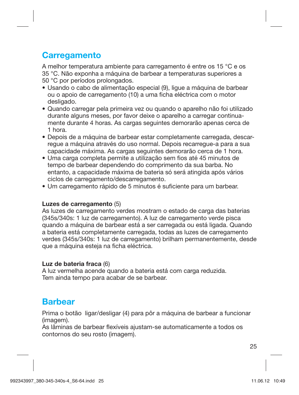 Carregamento, Barbear | Braun 345s-4 Series 3 User Manual | Page 24 / 62