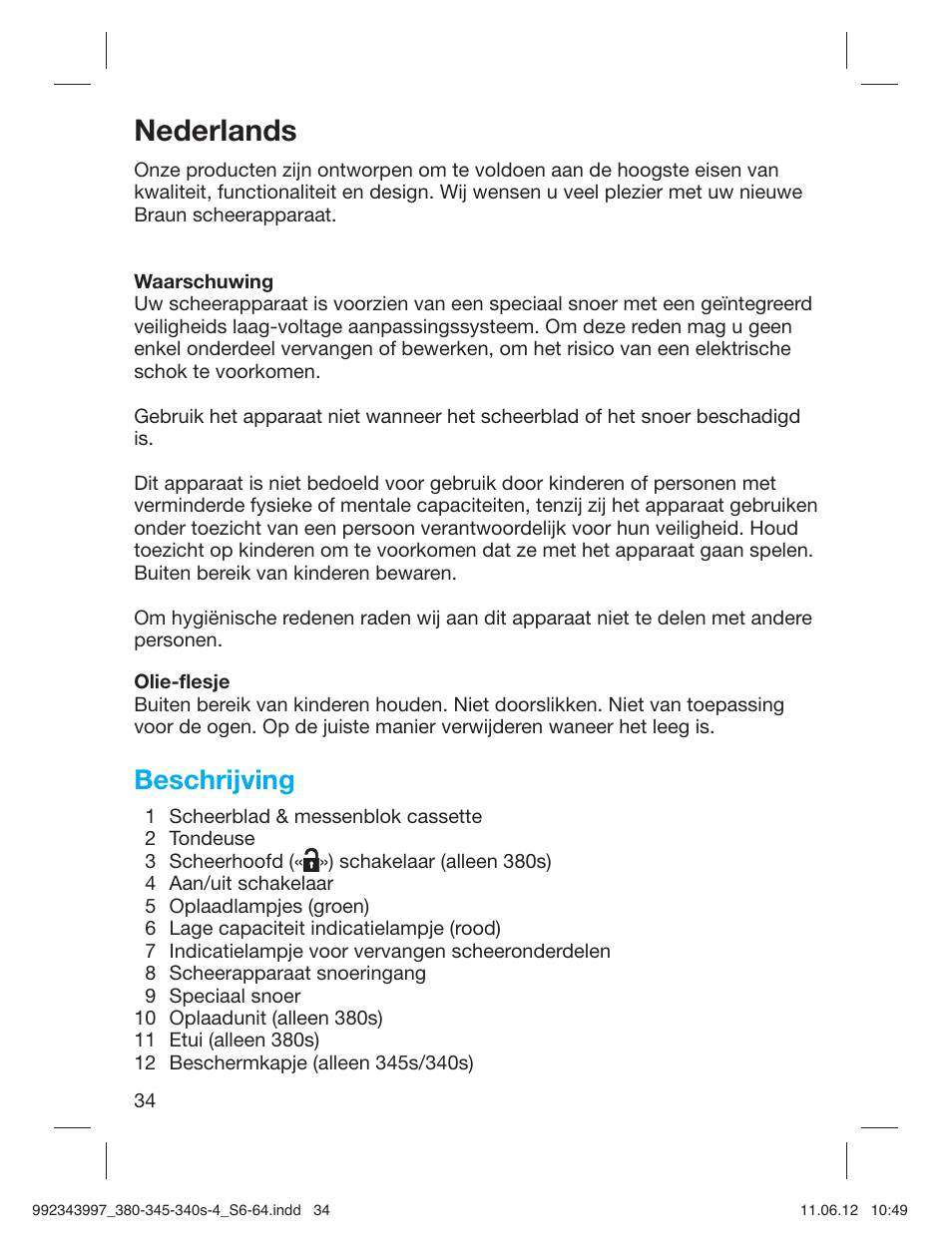 Nederlands, Beschrijving | Braun 345s-4 Series 3 User Manual | Page 33 / 62