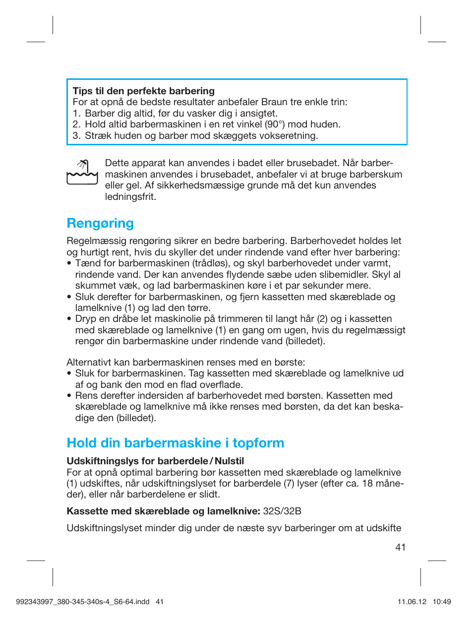 Rengøring, Hold din barbermaskine i topform | Braun 345s-4 Series 3 User Manual | Page 40 / 62