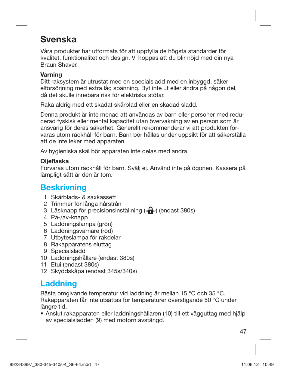 Svenska, Beskrivning, Laddning | Braun 345s-4 Series 3 User Manual | Page 46 / 62