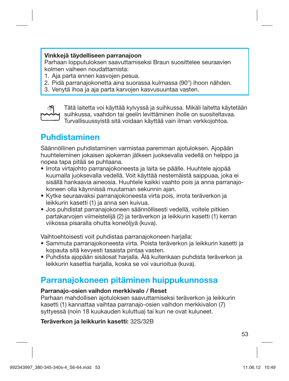 Puhdistaminen, Parranajokoneen pitäminen huippukunnossa | Braun 345s-4 Series 3 User Manual | Page 52 / 62