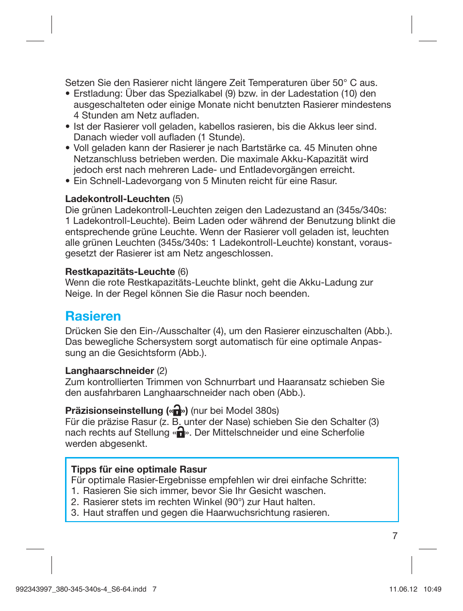 Rasieren | Braun 345s-4 Series 3 User Manual | Page 6 / 62