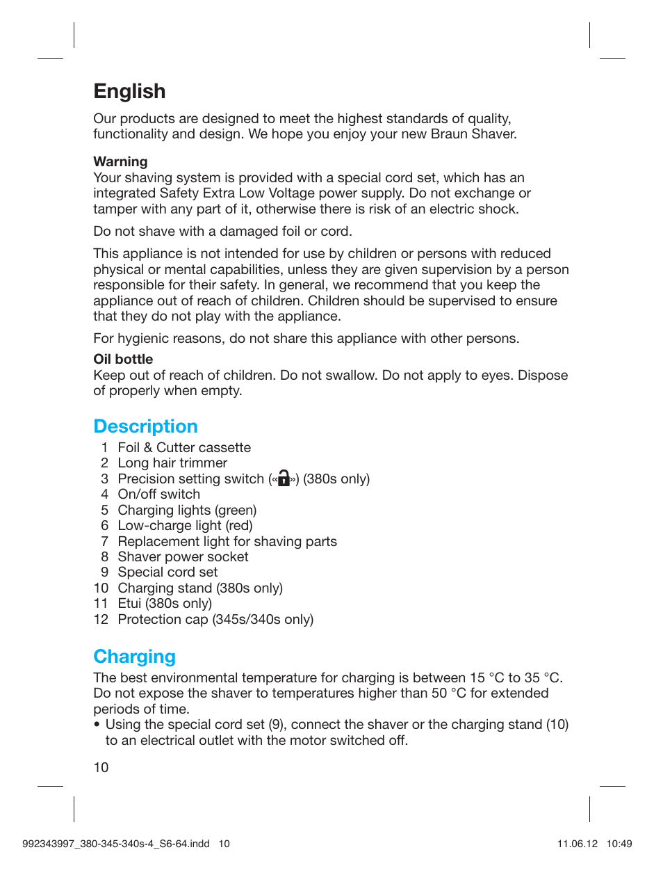 English, Description, Charging | Braun 345s-4 Series 3 User Manual | Page 9 / 62