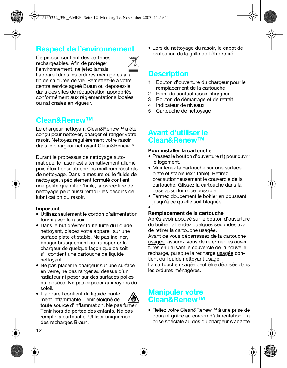 Respect de l’environnement, Clean&renew, Description | Avant d’utiliser le clean&renew, Manipuler votre clean&renew | Braun 390cc Series 3 User Manual | Page 11 / 57