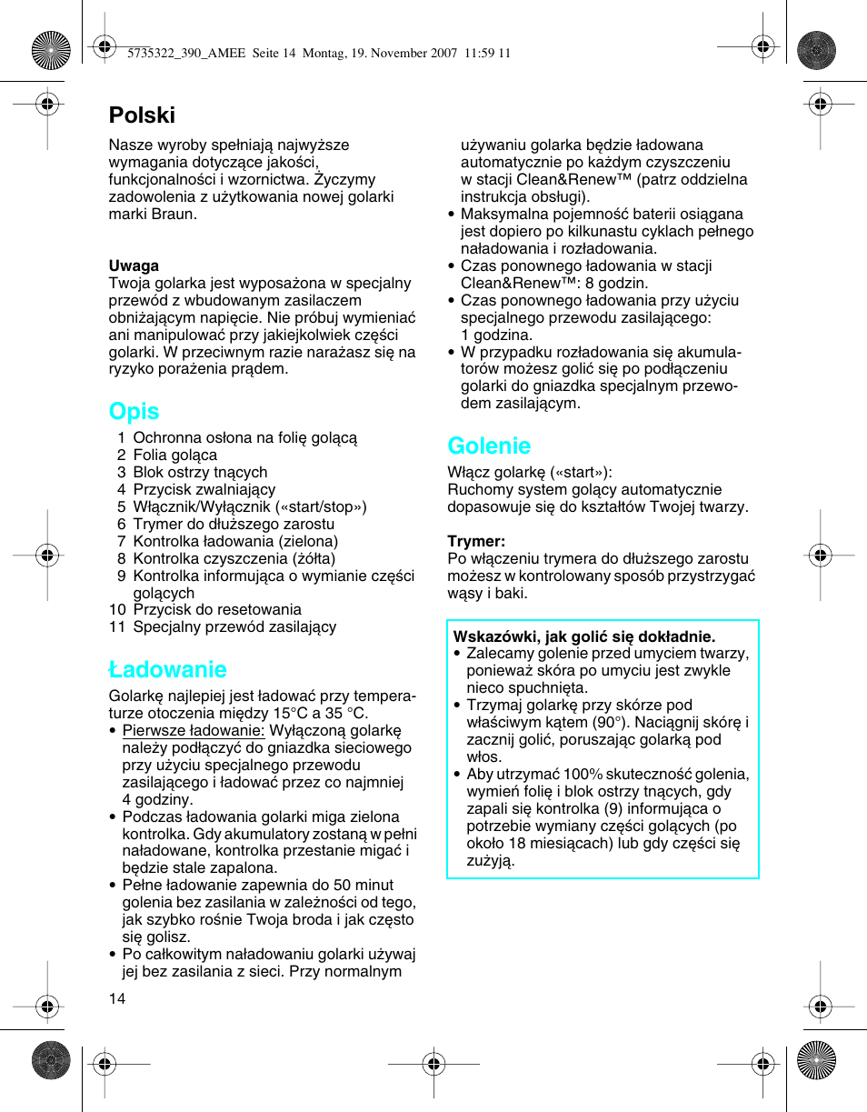 Polski, Opis, Adowanie | Golenie | Braun 390cc Series 3 User Manual | Page 13 / 57