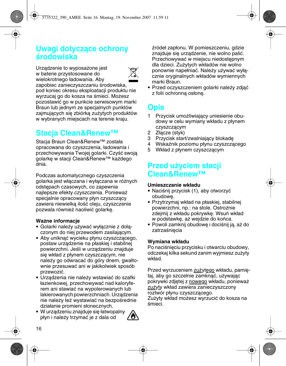 Uwagi dotyczàce ochrony êrodowiska, Stacja clean&renew, Opis | Przed u˝yciem stacji clean&renew | Braun 390cc Series 3 User Manual | Page 15 / 57