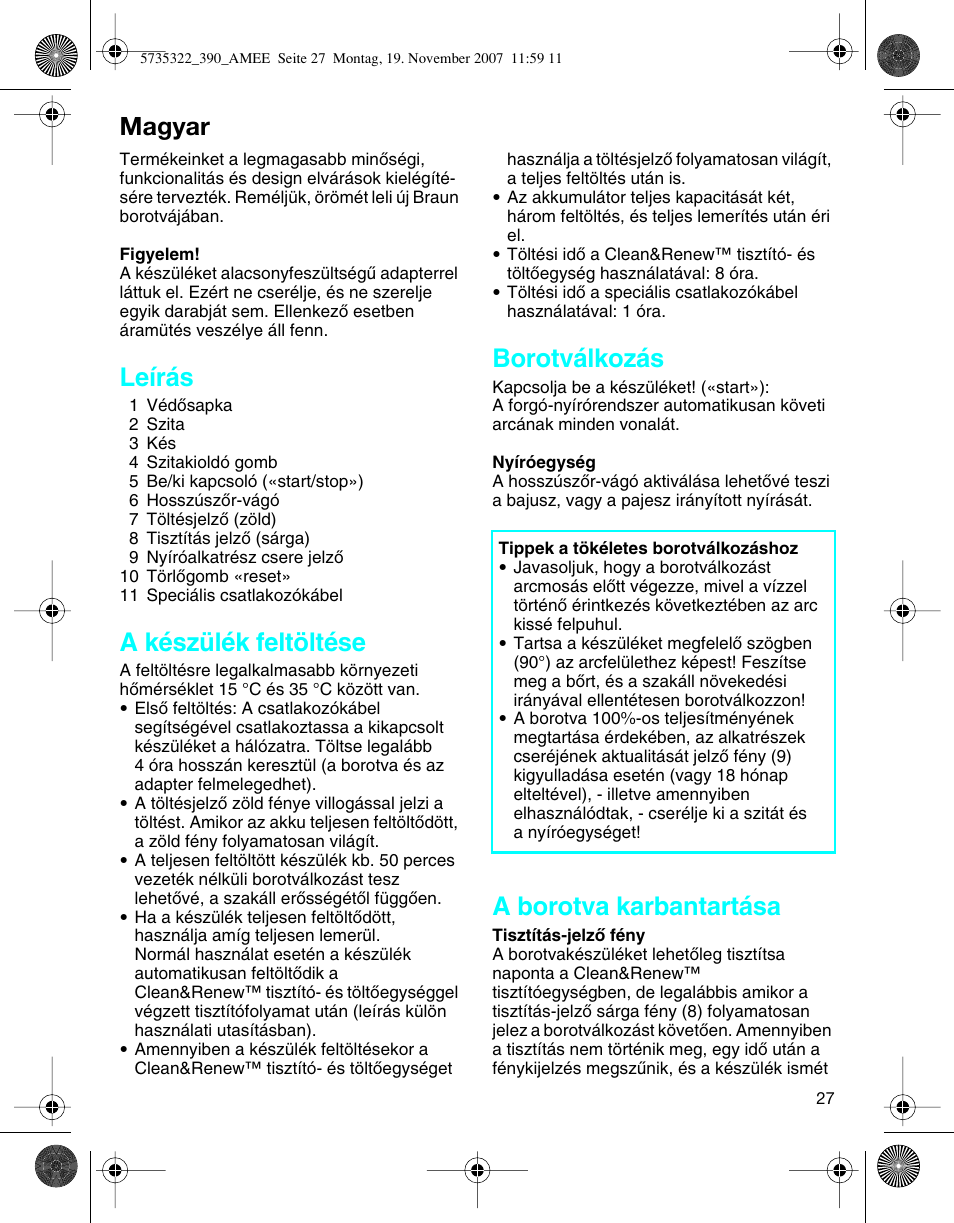 Magyar, Leírás, A készülék feltöltése | Borotválkozás, A borotva karbantartása | Braun 390cc Series 3 User Manual | Page 26 / 57